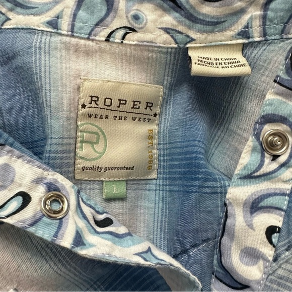 Roper Western Plaid Snap Button Shirt Blue White SZ Large Rodeo Cowgirl EUC - Picture 4 of 10